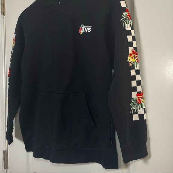 Vans Black Floral Checkerboard Sleeve Hoodie Pullover Sweatshirt Streetwear - Picture 5 of 15